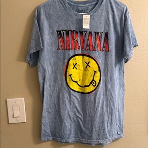 NIRVANA Light Blue Tee with Red Logo and Yellow Smiley
